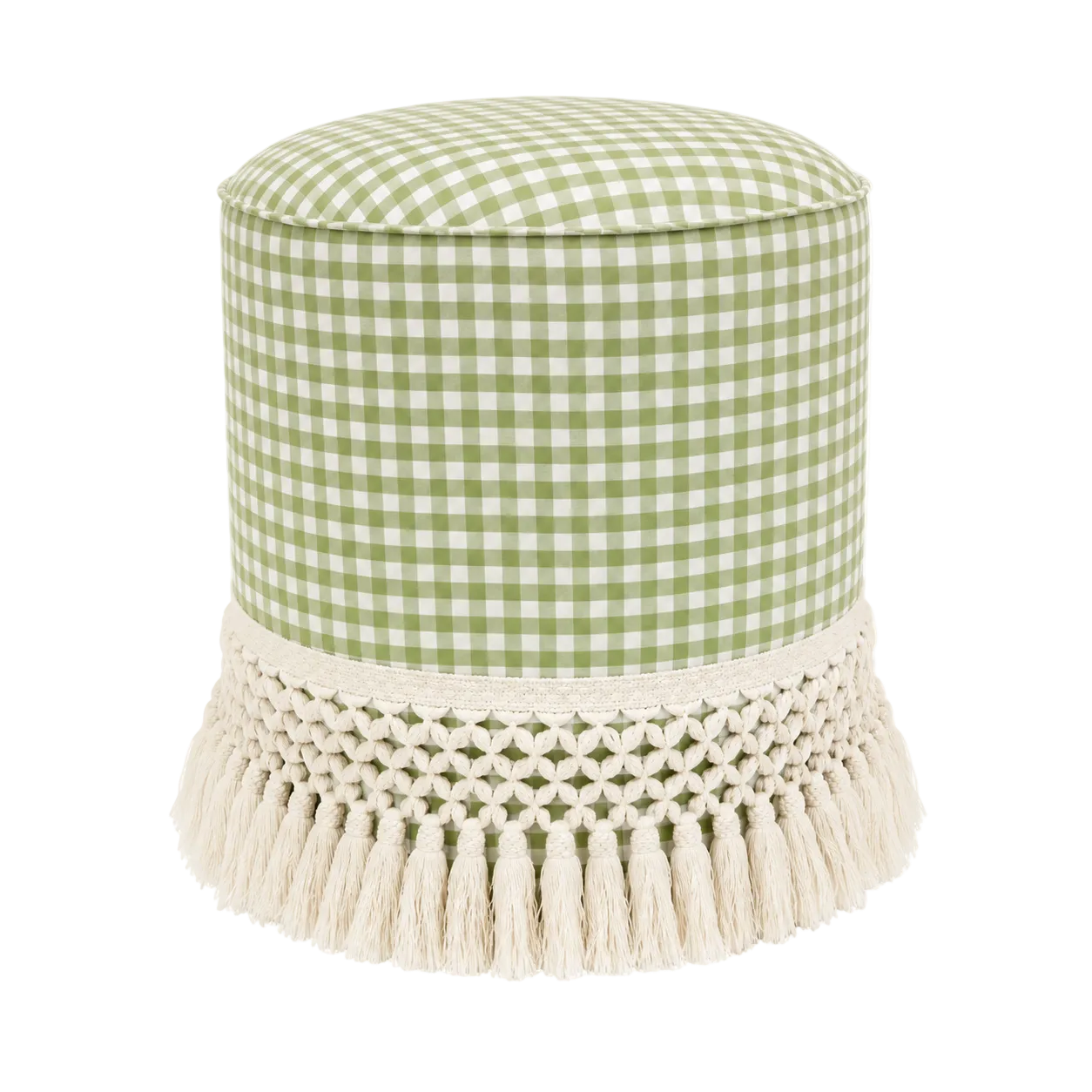 Green Check Round Ottoman with Fringe