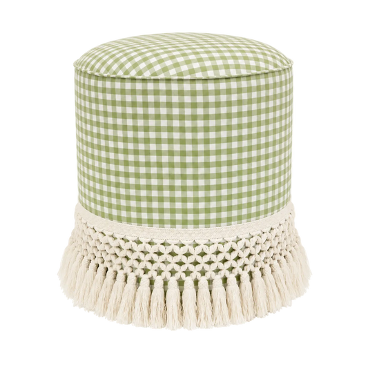 Green Check Round Ottoman with Fringe