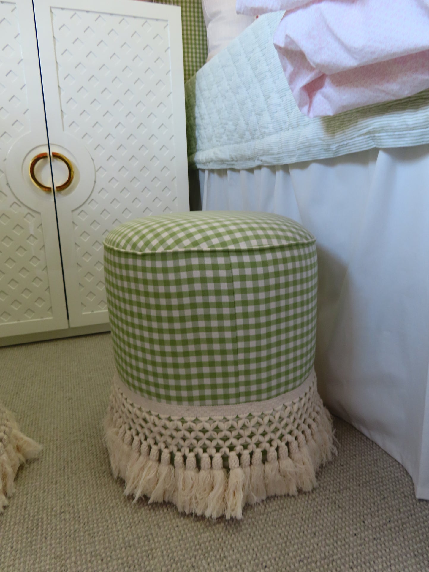 Green Check Round Ottoman with Fringe
